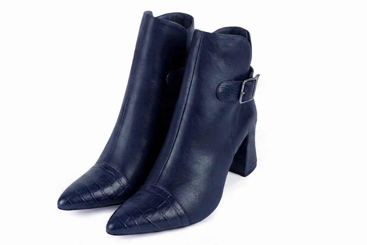 Women's navy blue back-buckle ankle boots with almond toe and mid flared heel - Front view